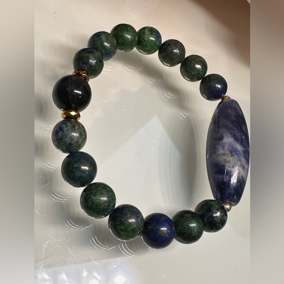 LAPIS LAZULI CHRYSOCOLLA + SODALITE + OBSIDIAN NATURAL BRACELET size 7” - Picture 4 of 13